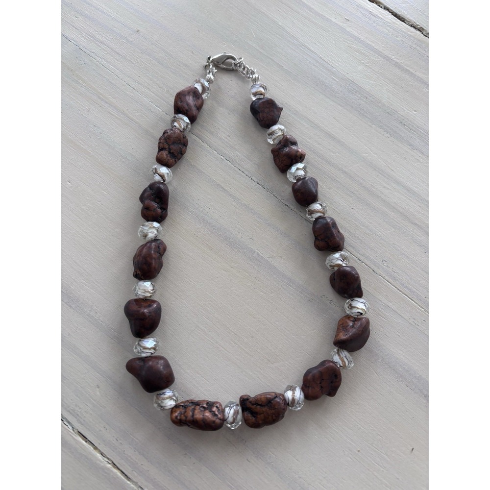Tumbled Jasper‎ And Clear Stone Necklace 19" Lobster Claw EUC Reddish Brown